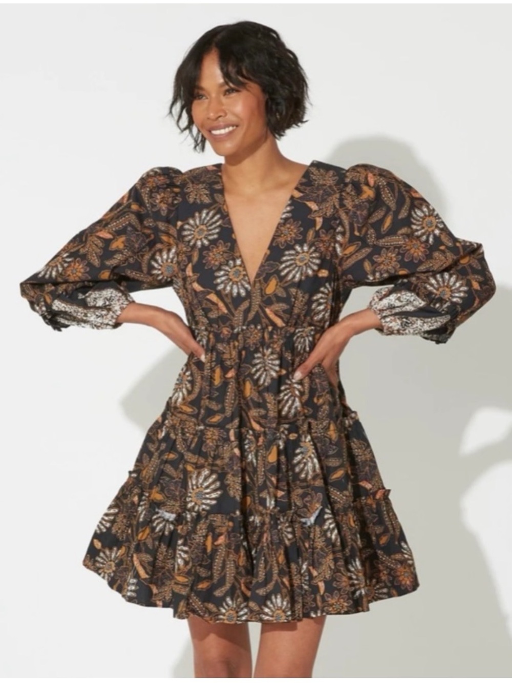Cleobella Women’s Sz M Brown Floral Mini Dress Tilda Ruffle Puff Sleeve Magnolia